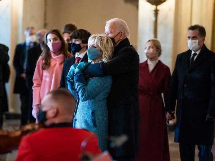 January 20: President Joe Biden embraces first lady Dr. Jill Biden in the Grand Foyer of the White House.