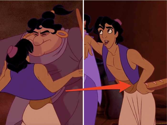 The bread Aladdin stole disappears a few times while he's running with it.