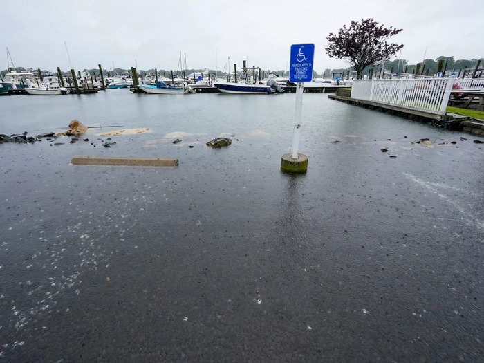 A completely flooded marina parking lot in Connecticut