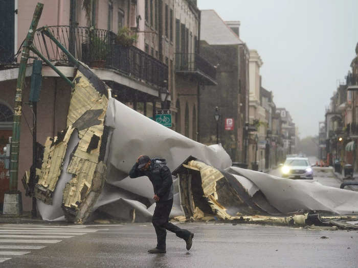 Strong gusts of wind destroyed a section of a roof in New Orleans.