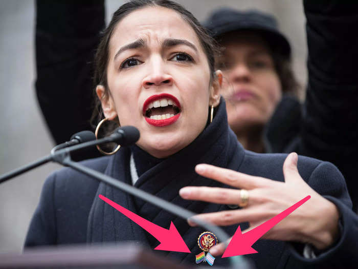 Alexandria Ocasio-Cortez wore LGBTQ+ and transgender pride flag pins while speaking at the 2019 Women's March.