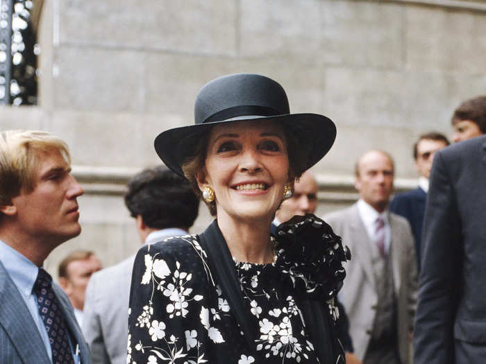 First lady Nancy Reagan attended Prince Charles and Princess Diana's royal wedding rehearsal in a black and white floral ensemble in 1981.