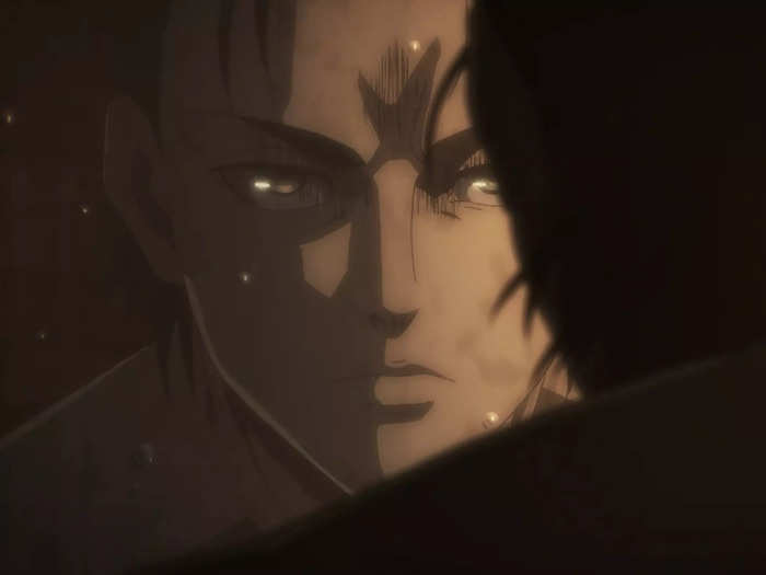eren jeager looking at himself in a mirror, his face dripping with water, in "Attack on Titan"