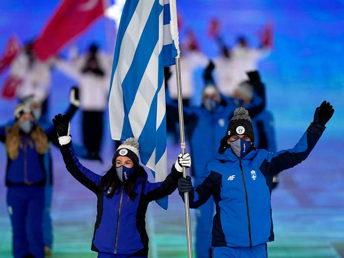 As is tradition, Greece was the first country to make its entrance. A delegation of 5 athletes was led by flag bearers Apostolos Angelis and Maria Ntanou.