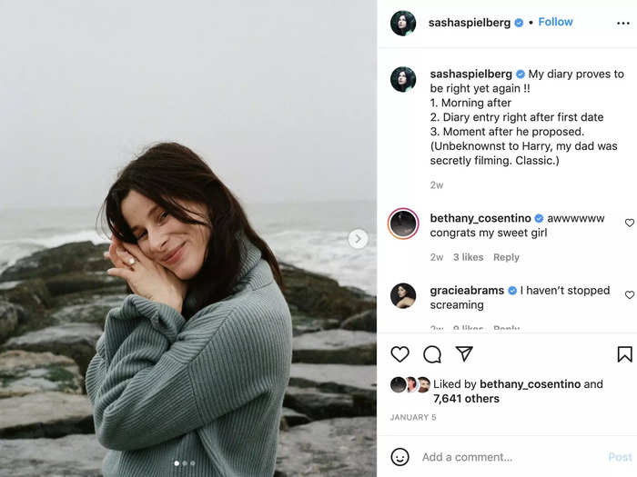 Steven Spielberg's daughter Sasha announced her engagement in January, and shared multiple photos of her stunning ring.