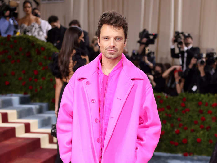 Sebastian Stan opted for a modern, baggy silhouette with his all-pink ensemble on the Met Gala red carpet.