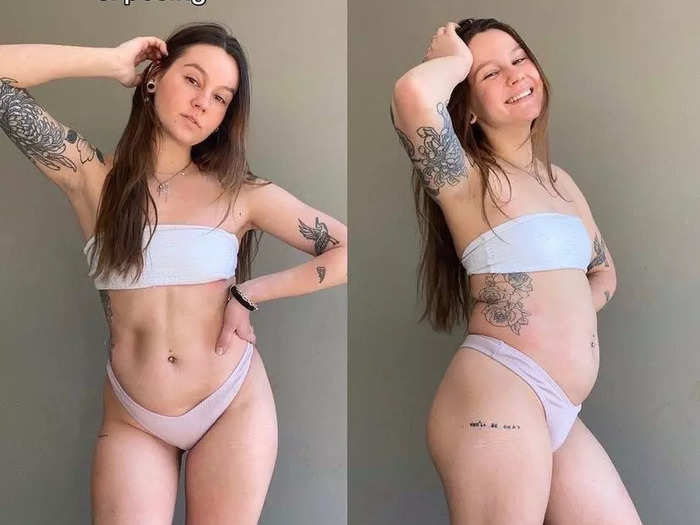 A content creator shares side-by-side images of her body while she's posing and relaxed to show how different bodies can look on social media.