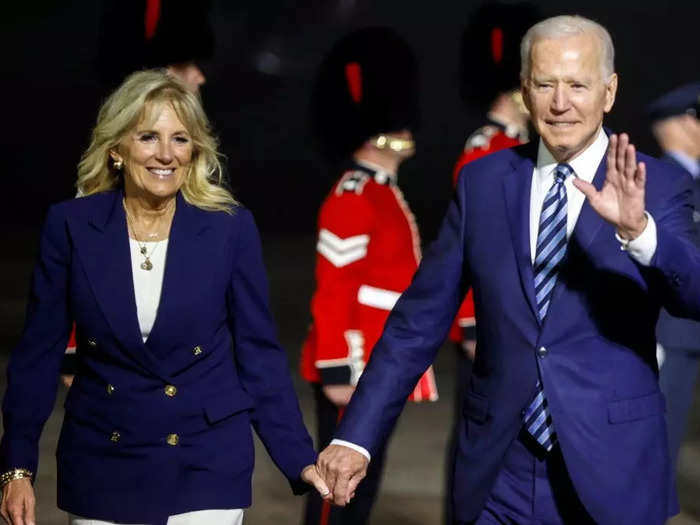 President Joe Biden and first lady Dr. Jill Biden wore matching navy jackets upon landing in the UK in June 2021.