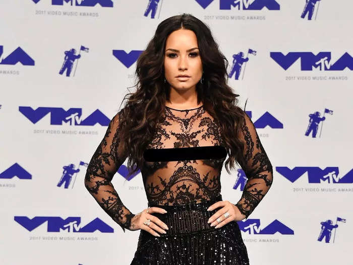 To attend the 2017 VMAs, Demi Lovato wore a sheer and sparkly Zuhair Murad outfit.