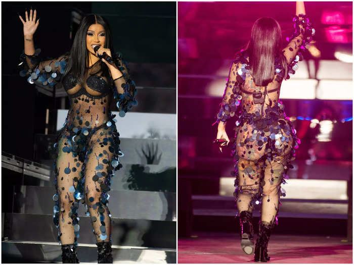 Cardi B was practically dripping in sparkles in this black jumpsuit for her first performance.
