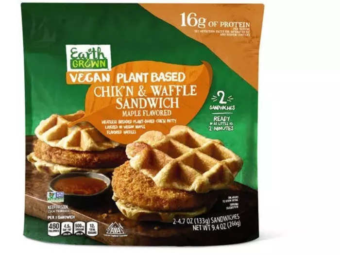 Level up breakfast and brunch with these vegan Earth Grown Chik'n and Waffle Sandwiches.