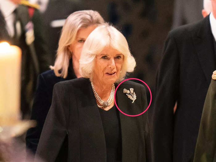 The Queen Consort Camilla paid tribute to the Queen with a gifted brooch at a service on September 12.