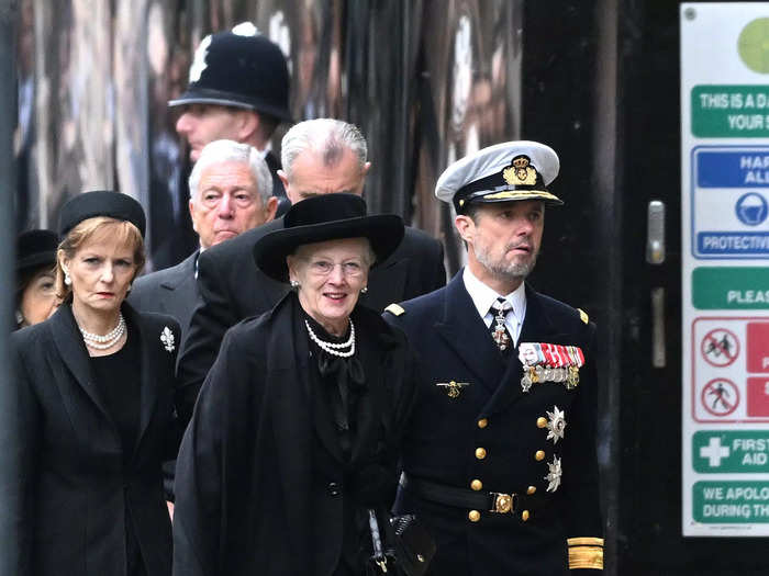 Queen Margrethe II of Denmark, a distant cousin of Queen Elizabeth II, attended the funeral with her son Frederik, Crown Prince of Denmark.