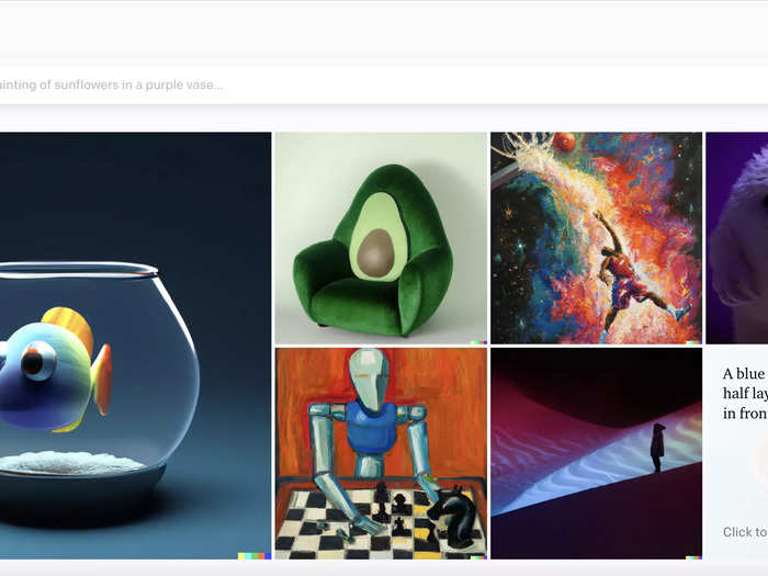You can make an account on DALL-E like on any other website by using an email and making a password. When you're in, the homepage has a search bar to start creating. Below the search bar are examples of art DALL·E has made, including the search term that lead to the image.