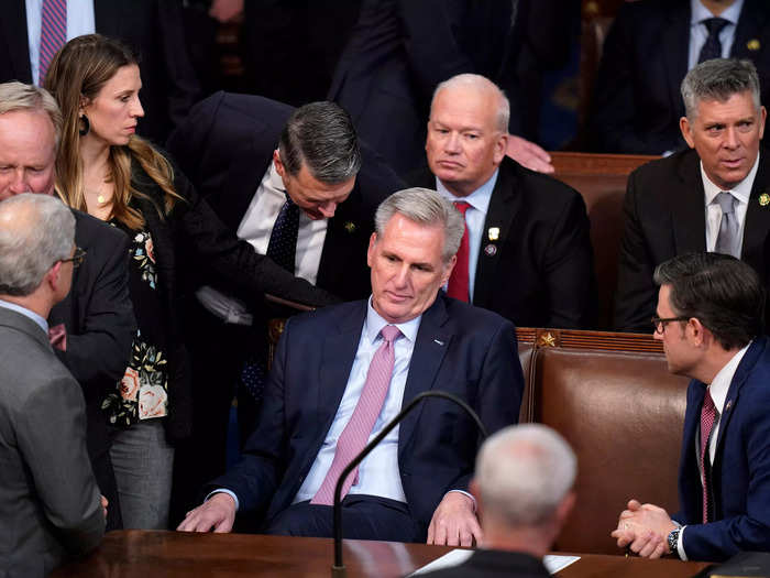 Rep. Kevin McCarthy, a California Republican, sits in disappointment after his 14th loss during the House Speaker vote on Friday night.