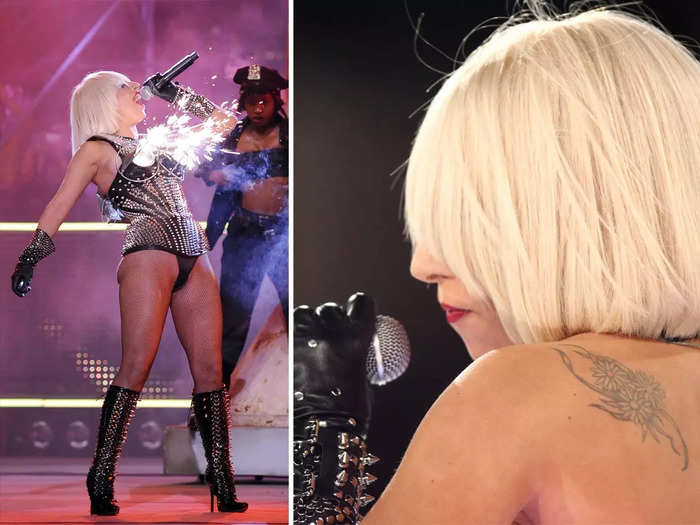 In the early days of her career, Lady Gaga wore a studded bodysuit that shot fireworks from its bodice and showed her shoulder tattoo.