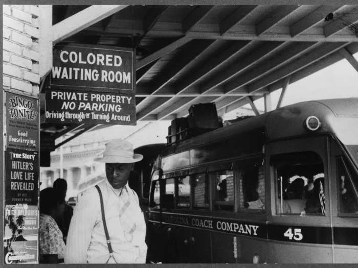 Public transportation, including buses and trains, were segregated throughout the Jim Crow era with Black transients either sitting in the rear of the vehicle or completely denied entrance.